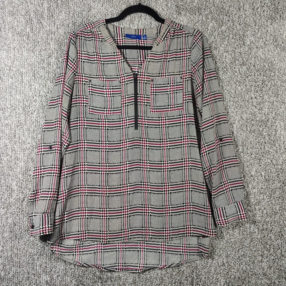 Apt. 9 Houndstooth Blouse Top Half Zip Women Medium Officecore Dark Academia